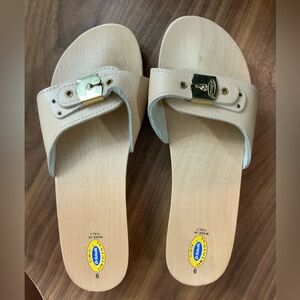 Dr. Scholl's Tan Leather Mules with Gold Buckle